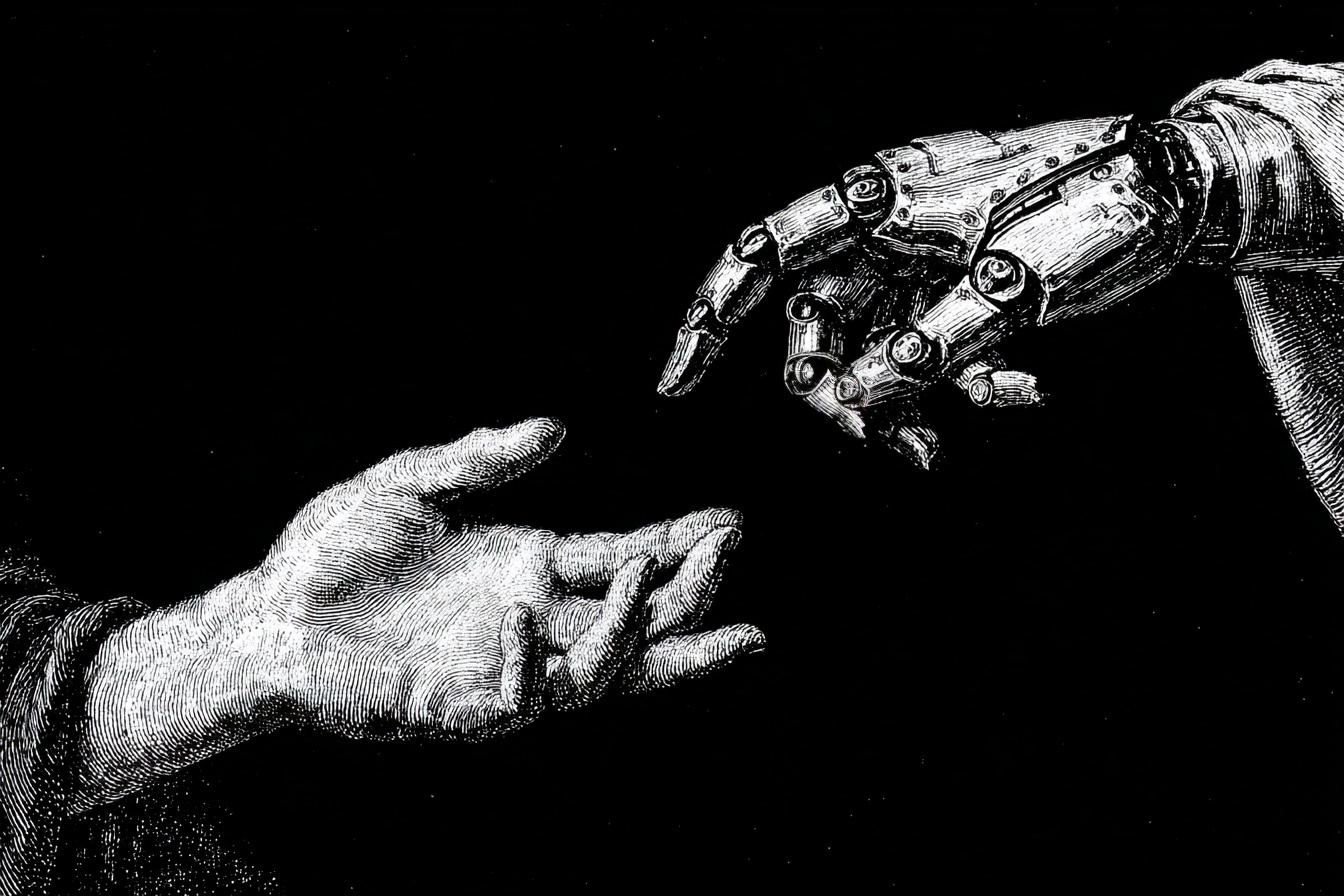 A human hand reaching towards a robotic hand, in the style of The Creation of Adam.
